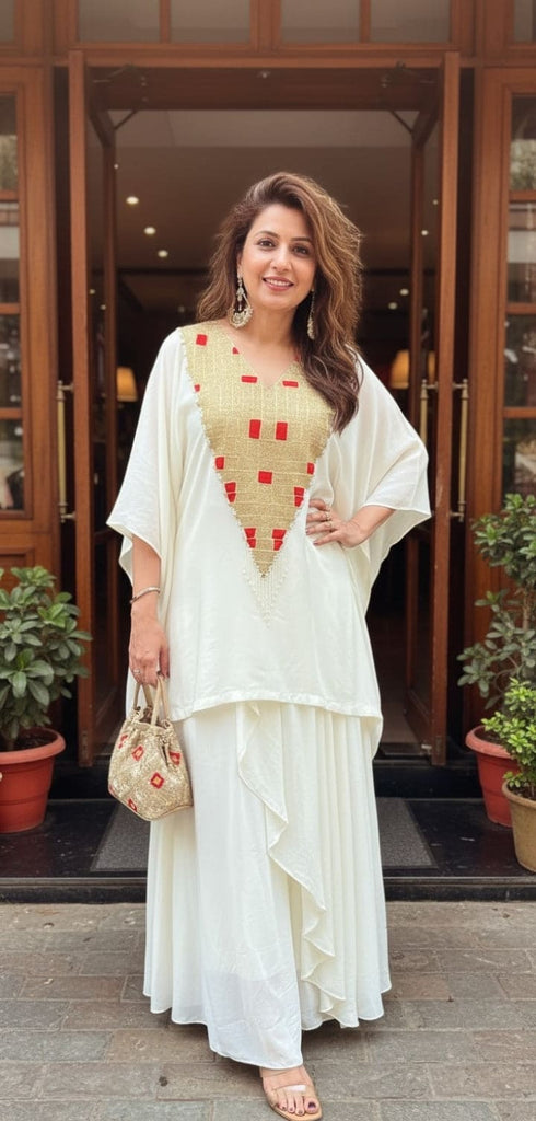 Kareena Ivory White Kaftan Top With Drape Skirt